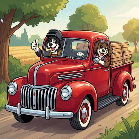 Diesel & Dusty in their truck